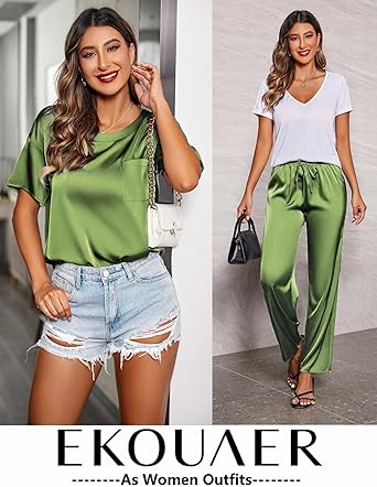 Ekouaer Womens Satin Silky Pajama Set Short Sleeve Shirt with Long Pajama Pant Set Soft PJ Loungewear