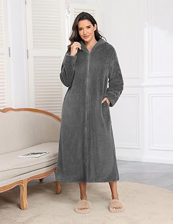 Ekouaer Fleece Robes for Women Hooded Plush Zipper Front Long Bathrobe Warm House Robe Sleepwear with Pockets