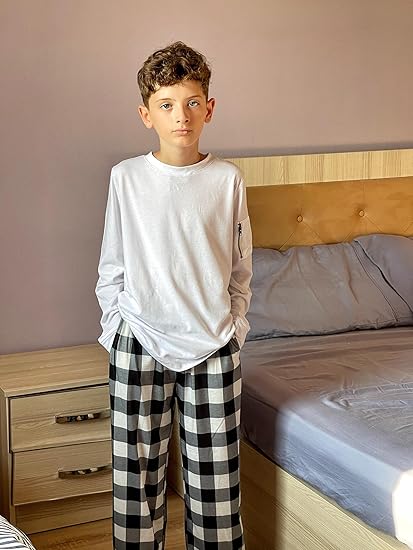 Ekouaer Boys Pajama 3 Pack Sleep Pants - Soft Elastic Waist Kids Plaid Lounge Bottoms With 2 Pockets
