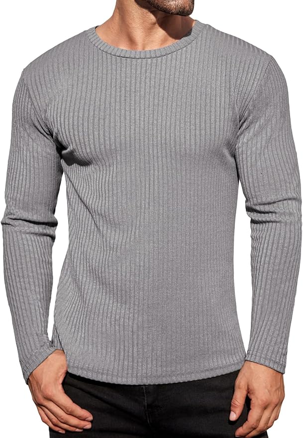 Ekouaer Men's Long Sleeve Shirts Ribbed Pullover Tees Sim Fit Thermal Tops Crew Neck Stretchy Undershirts