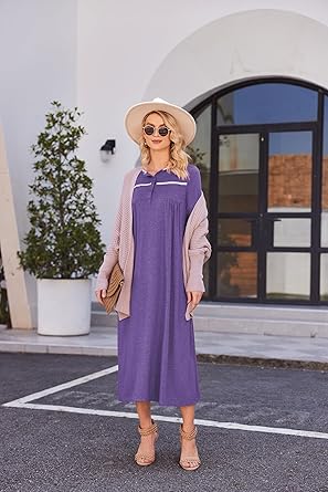 Ekouaer Women Long Sleeve Nightgowns Soft Henley Sleepshirts Full Length Sleep Dress