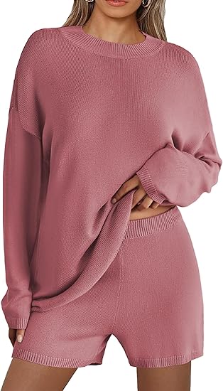 Ekouaer Pajamas Womens 2 Piece Lounge Set Cozy Knit Long Sleeve Sweater Shorts Set Oversized Matching Outfits