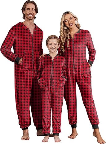 Ekouaer Christmas Onesie Matching Family Fleece Hooded One Piece Zipper Long Sleeve Pajamas with Pockets