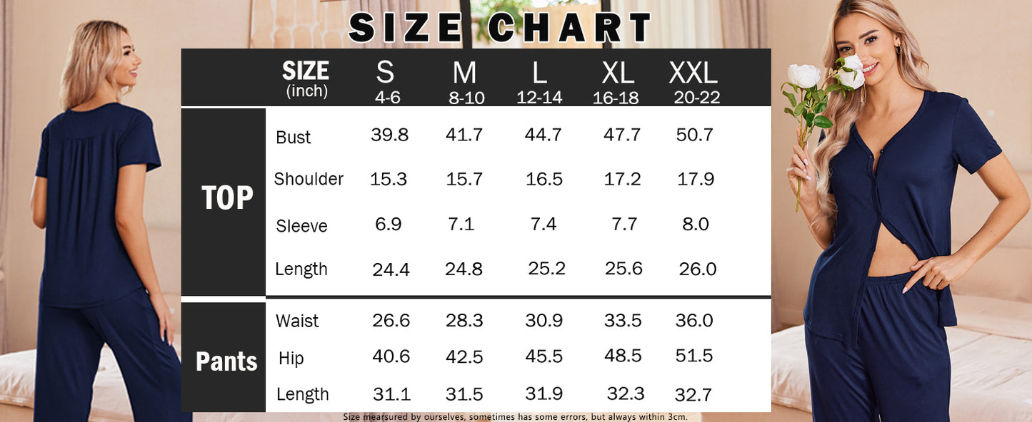 Ekouaer Women's Pajama Sets Short Sleeve Sleepwear Button Up Pj Loungewear Top and Capri Pants with Pockets