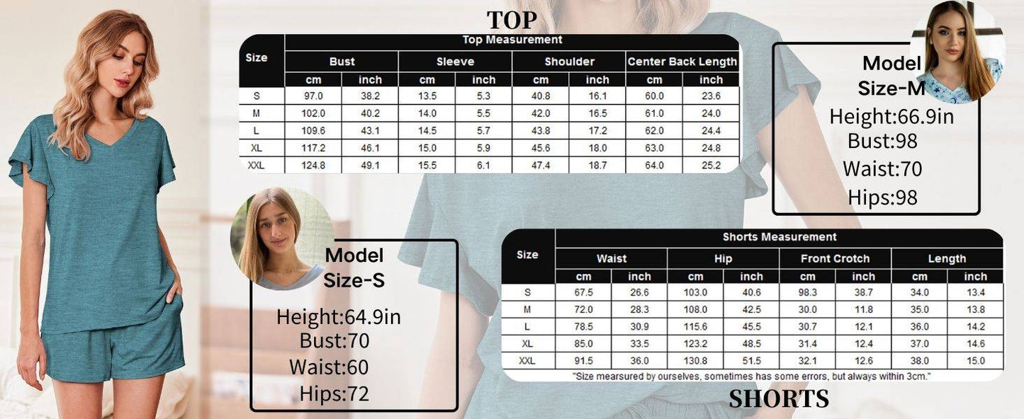 Ekouaer Women's Pajamas Set Ruffle Sleeves Sleepwear V Neck Comfy 2 Piece Pjs Loungewear Set with Pockets