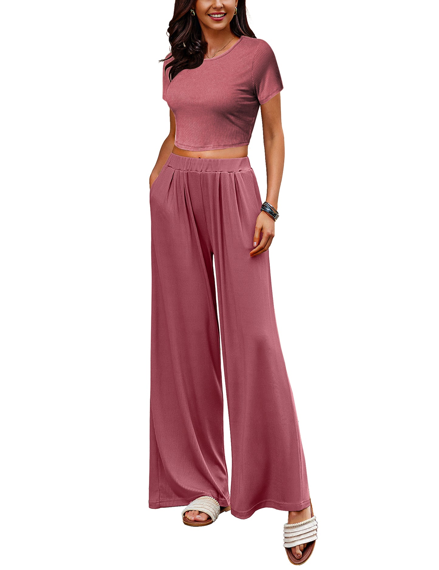 Ekouaer Women's 2 Piece Lounge Sets Short Sleeve Pajama Set Ribbed Knit Crop Top Wide Leg Pants Loungewear