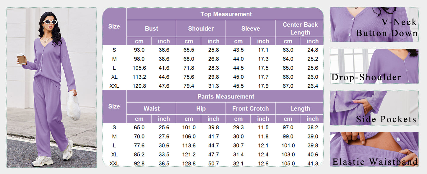 Ekouaer Womens Waffle Knit Pajamas Loungewear Two-piece Sleepwear Button-Down Pj Set with Pockets