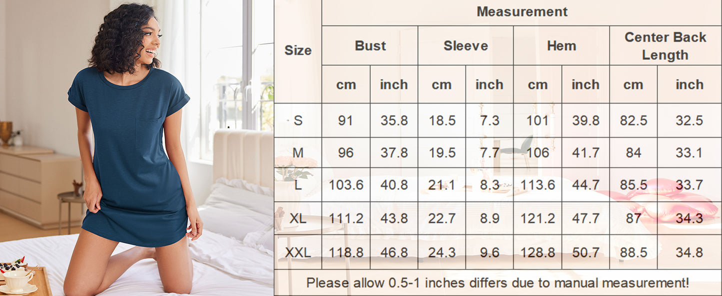 Ekouaer Tshirt Nightgowns for Women Slub-Knit Sleepshirt Soft Night Gown Casual Sleepwear Night Shirt with Pockets