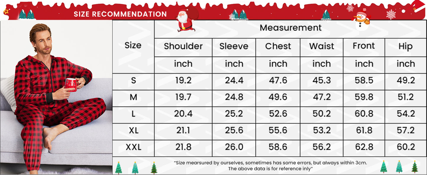 Ekouaer Mens Onesie Christmas Hoodie Fleece One Piece Pajamas Zipper Up Flannel Adult Pjs Christmas Red L