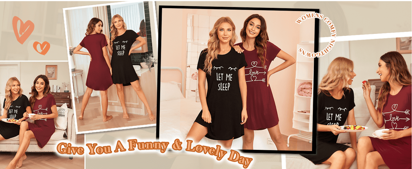 Ekouaer Womens Nightgown Short Sleeve Night Dress Printed Sleepwear Soft Sleep Shirt Black Sleep XL