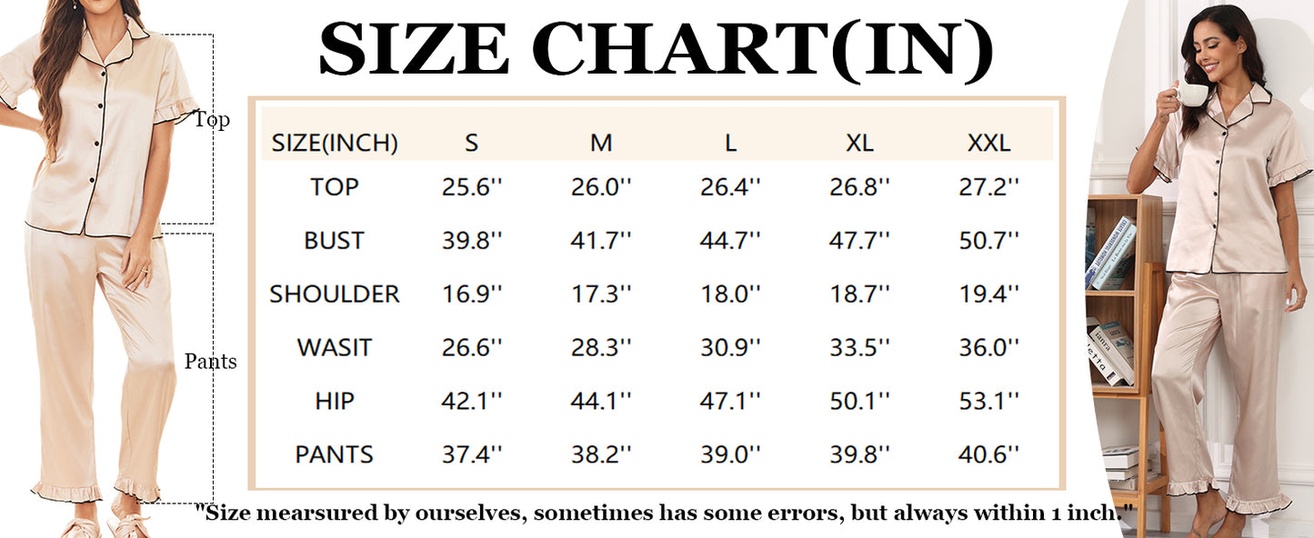 Ekouaer Silk Pajamas for Women Satin Short Sleeve Pajamas Set with Ruffle 2 Pieces Button Down Tops and Pants Rose Red M