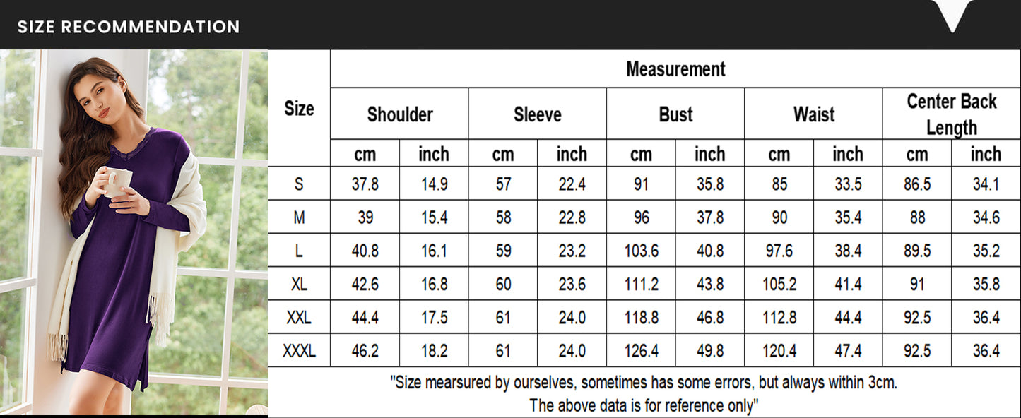 Ekouaer Long Sleeve Nightgowns for Women Sexy Lace Night Shirt V Neck Sleep Shirt Soft Sleepwear