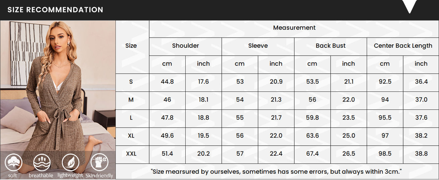 Ekouaer Women Robe Ribbed Knit Soft Bathrobe Knee Length Robes Stretchy Short Sleepwear with Pockets