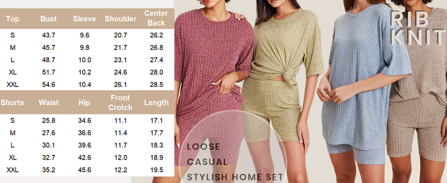 Ekouaer Pajamas 2 Piece Lounge Sets Ribbed Knit Matching Outfits T-shirt Biker Shorts Sleepwear Loungewear Sweatsuits