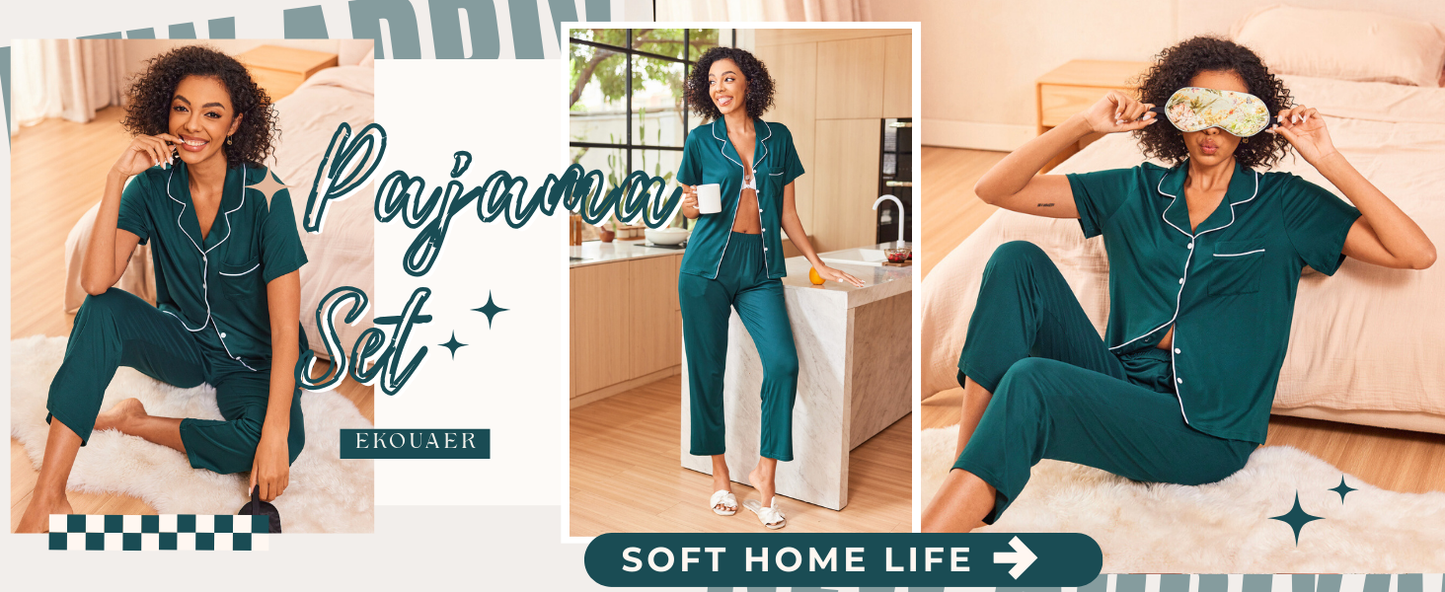 Ekouaer Women Pajamas Set Button Down Sleepwear Short Sleeve Nightwear with Long Pants Soft Pjs Set