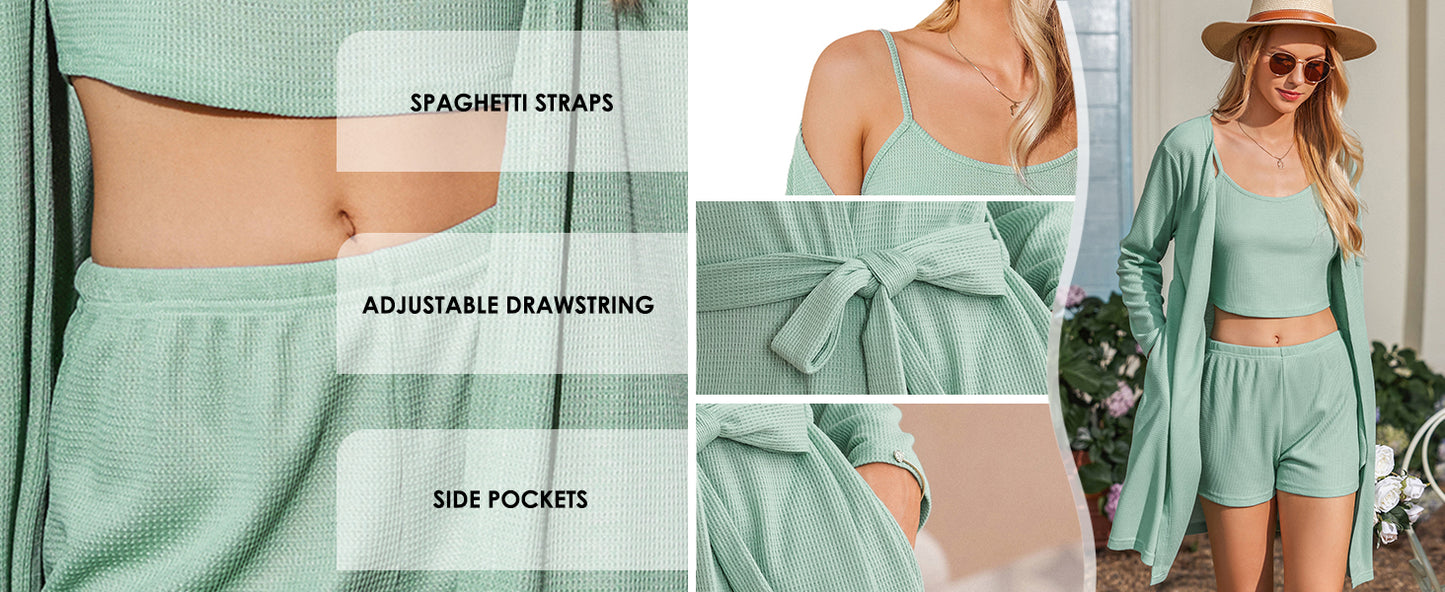 Ekouaer Pajamas for Women Set 3 Piece Lounge Set Soft Pajama Sets Waffle Knit Tank Top and Shorts Cardigan with Pockets
