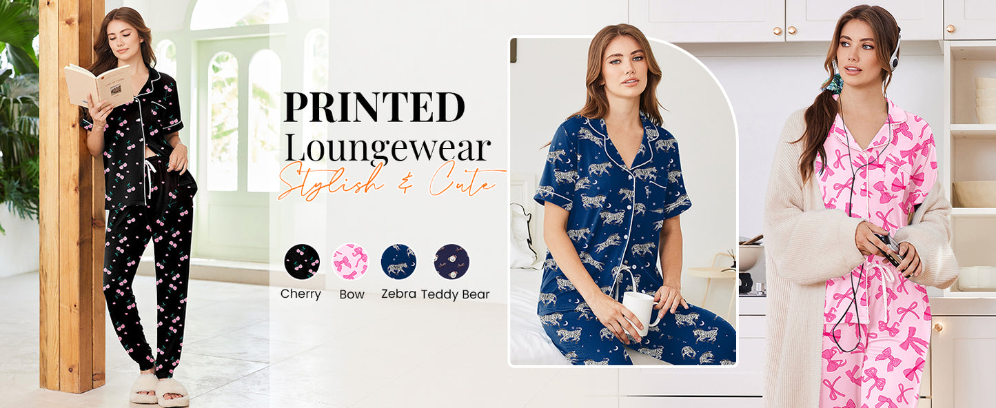 Ekouaer Women Pajama Set Short Sleeve Button Down Pjs Soft Comfy Sleepwear Nightwear with Jogger Pants