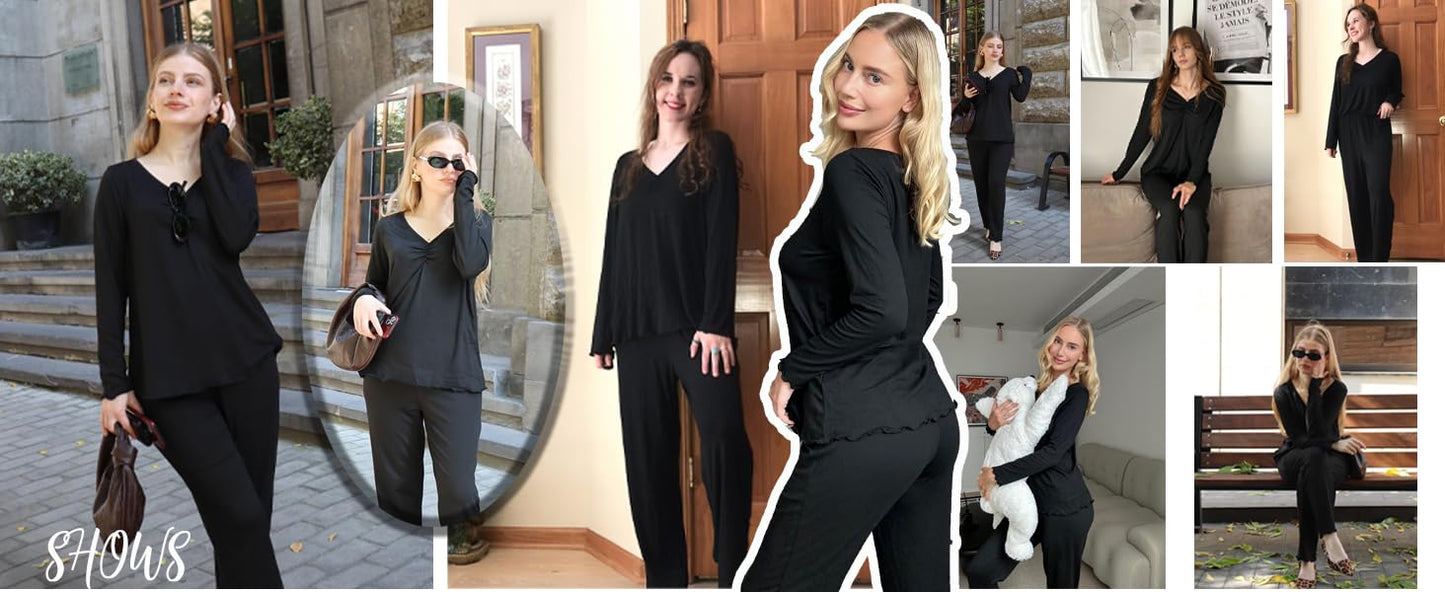 Ekouaer Womens Pajama Sets 2 Piece Lounge Set Fall Winter Pajamas Long Sleeve Pjs Top and Pants Soft Pj Sets Loose Sleepwear