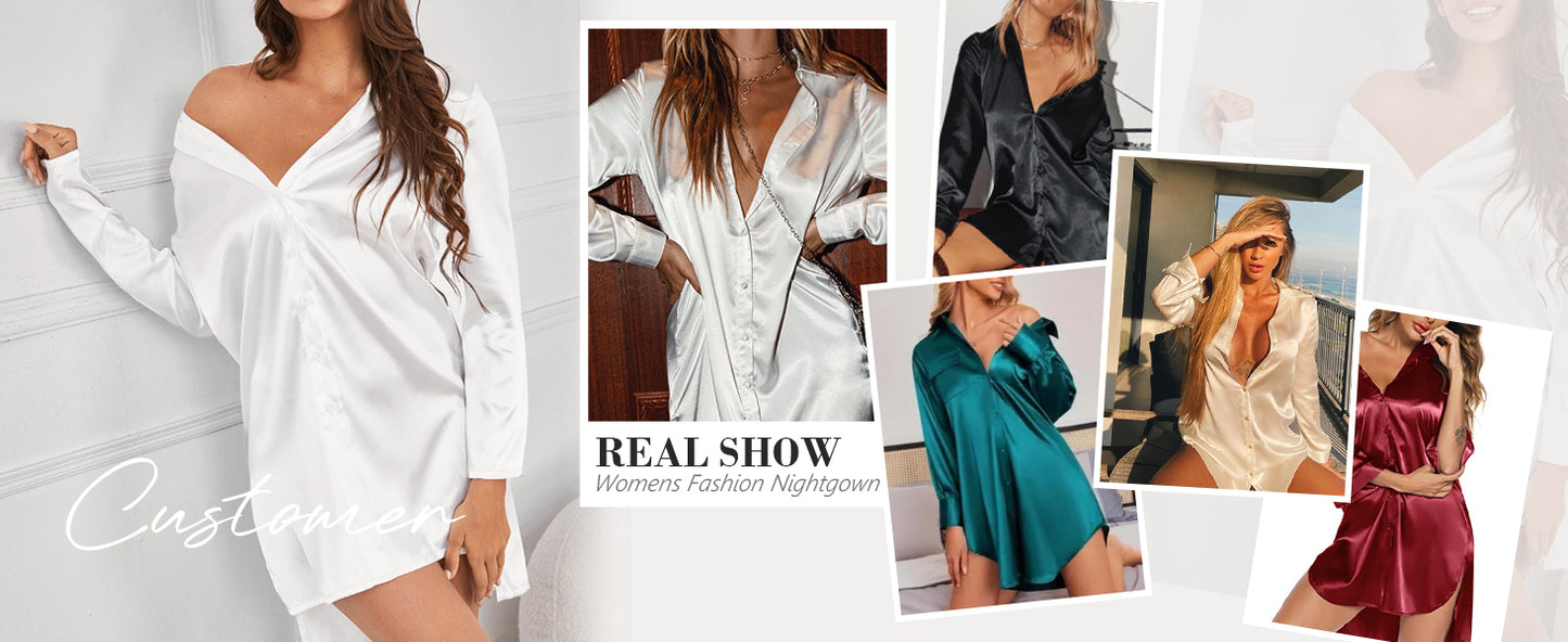 Ekouaer Satin Nightgown for Women Button Down Silk Sleepshirts V Neck Night Gown Long Sleeve Night Shirts