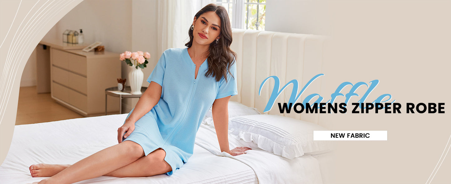 Ekouaer Women Zipper Robes Waffle Short Bathrobe Lightweight House Coat with Pockets Soft Nightgown
