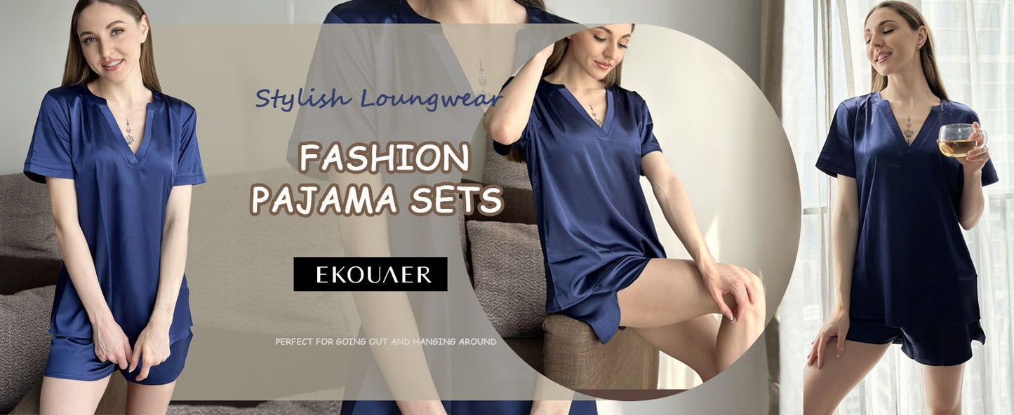Ekouaer Silk Pajamas for Women Short Sleeve Satin Sleepwear Two-piece Pjs Set Soft V Neck Loungewear