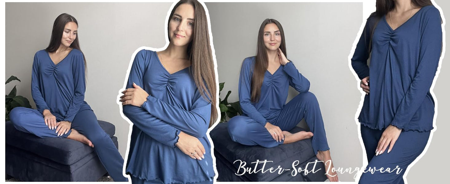 Ekouaer Womens Pajama Sets 2 Piece Lounge Set Fall Winter Pajamas Long Sleeve Pjs Top and Pants Soft Pj Sets Loose Sleepwear