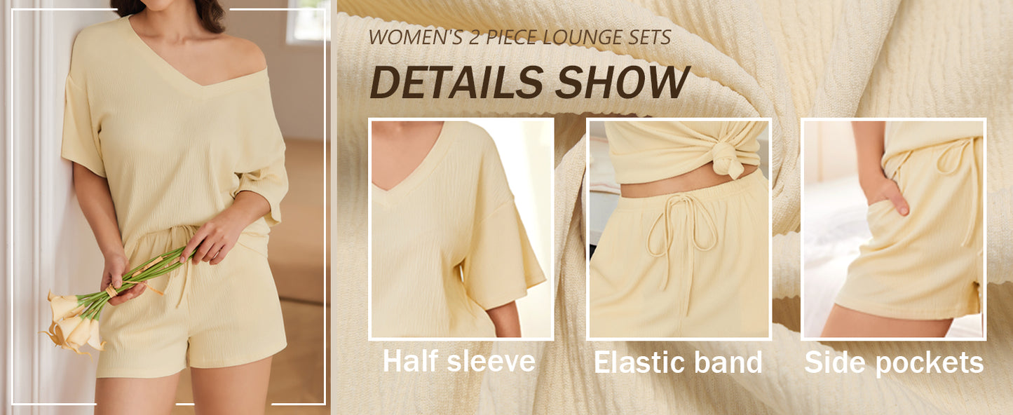 Ekouaer Women's 2 Piece Lounge Set V-Neck Pajama Sets Oversized Summer Outfits with Pockets