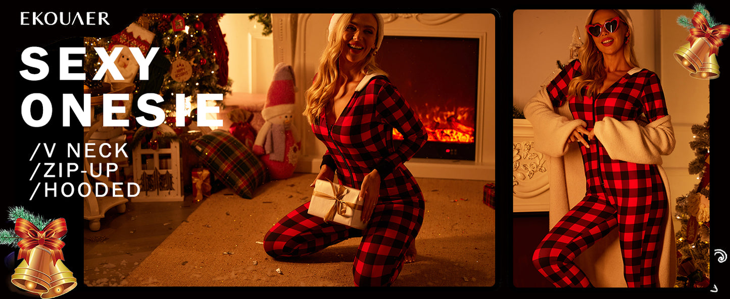 Ekouaer Christmas Onesie Women Sexy Pajamas Zipper Halloween Onepiece Bodycon Outfit Jumpsuit Costume