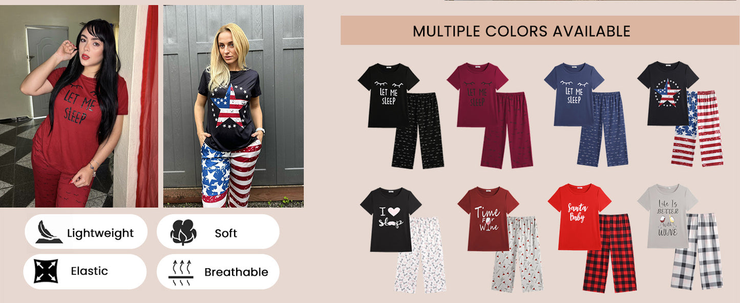 Ekouaer Pajamas for Women Set Short Sleeve Sleepwear Tops with Capri Pants Prints Funny Two Piece Pj Set