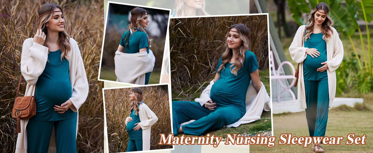 Ekouaer Women Maternity Nursing Pajama Set Breastfeeding Sleepwear Set Short Sleeve Top & Pants Postpartum Pajamas