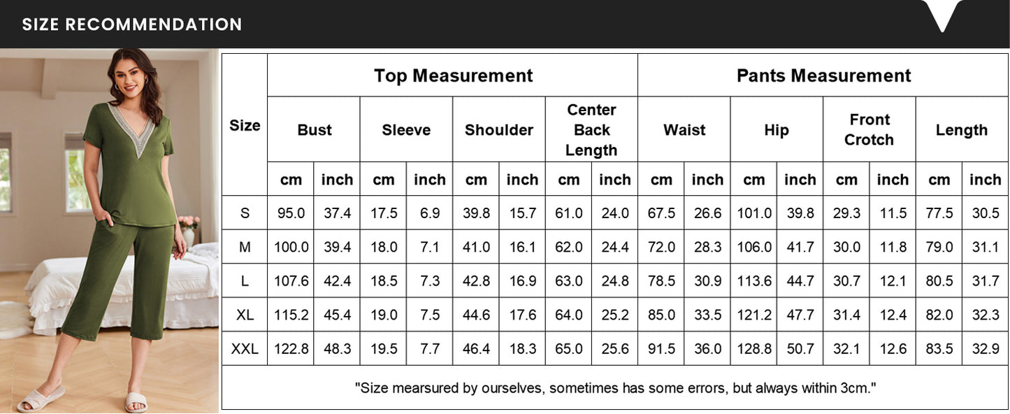 Ekouaer Women's Pajamas Set Short Sleeve Lace V Neck Sleepwear Top Capri Pants Pjs Sets Soft Loungewear