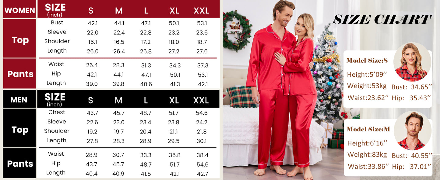 Ekouaer Couples Matching Pajamas Silk Long Sleeve Sleepwear Satin Soft Button Down Loungewear Pjs Set