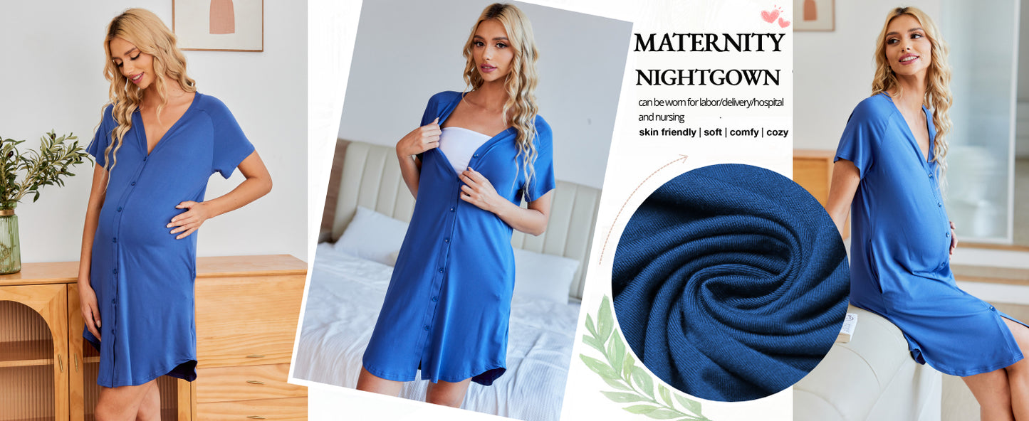 Ekouaer Women's Button Down Nightgown Short Sleeve Sleepshirt V Neck Night Shirt Soft Pajamas Dress with Pockets Black