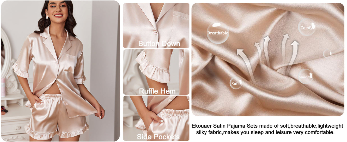 Ekouaer Womens Satin Pajamas Set Button Down Silk 2 Piece Pj Sets Ruffled Short Sleeve Sleepwear