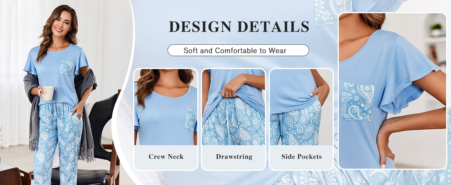 Ekouaer 2 Pack Womens Pajama Sets Short Sleeve with Long Pajama Pant Set Soft Sleepwear Printed Pj Lounge Sets with Pockets