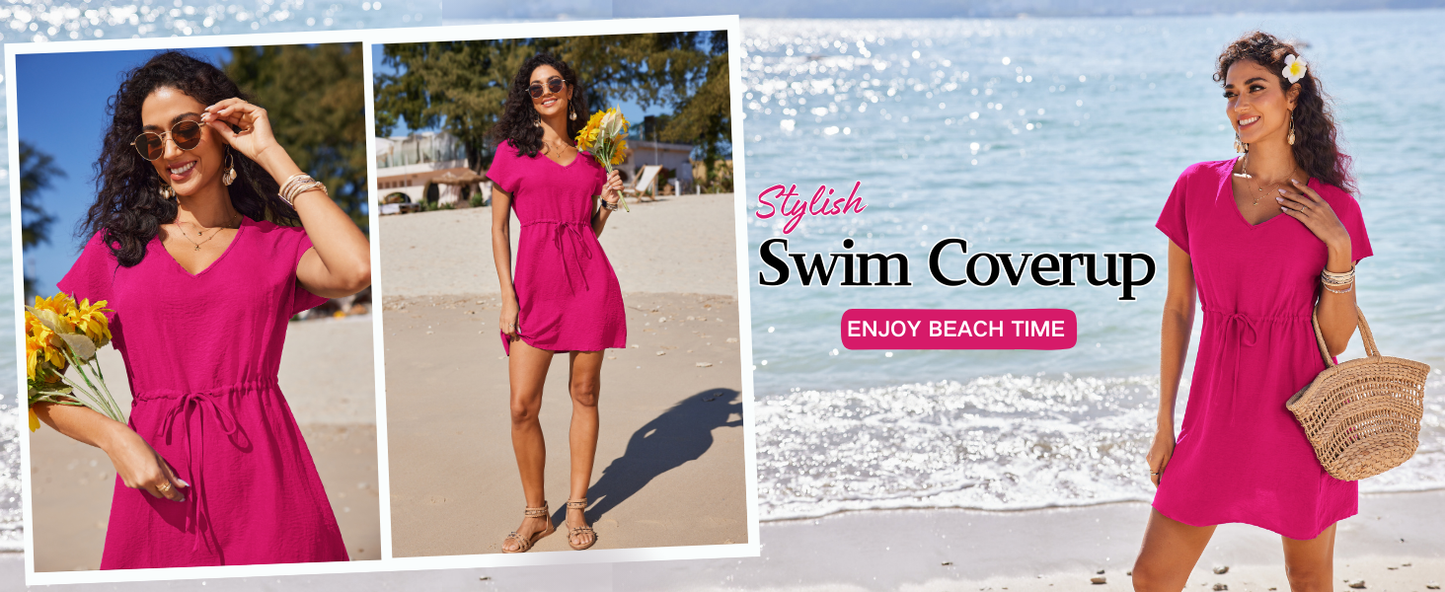 Ekouaer Women's Cover Ups Casual Swimsuit Coverups Flowy Tie Waist Beach Cover Up Dress