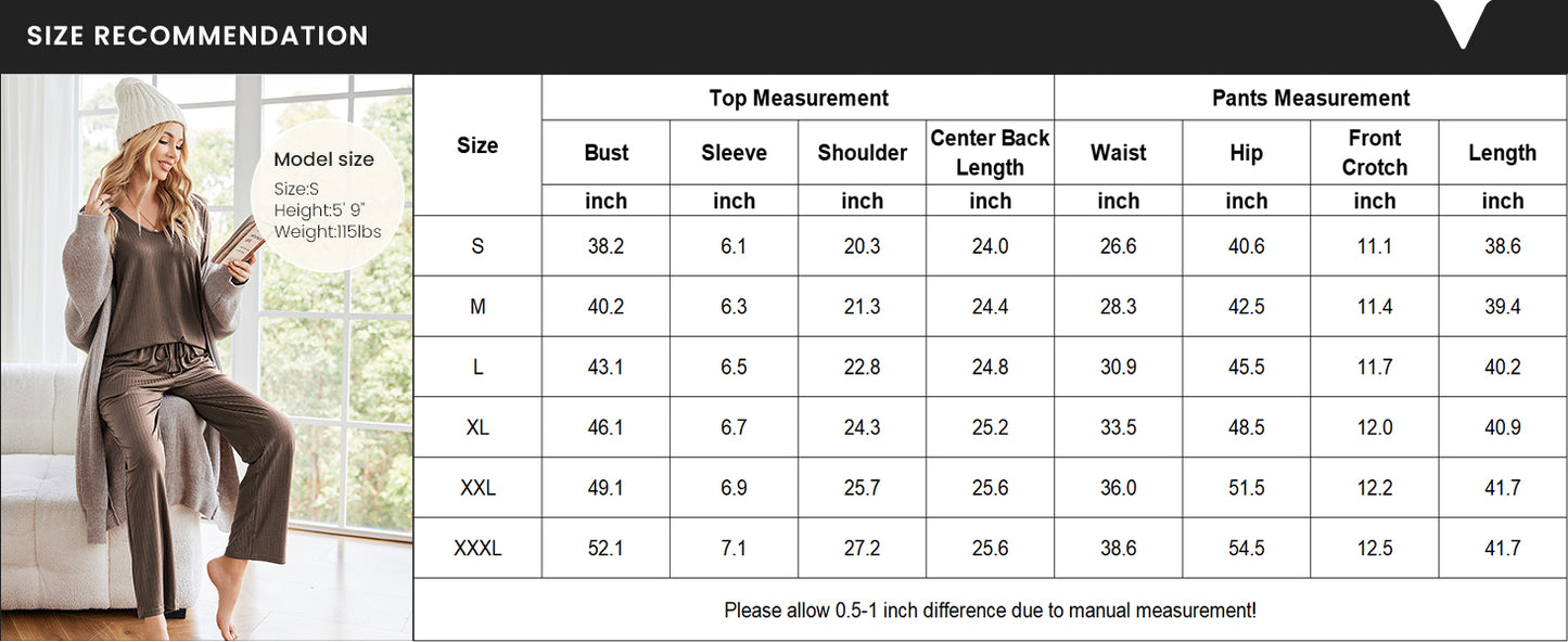 Ekouaer Pyjama Damen Herbst Schlafanzug Kurzarm Lang Hose Rippen Nachtw?sche