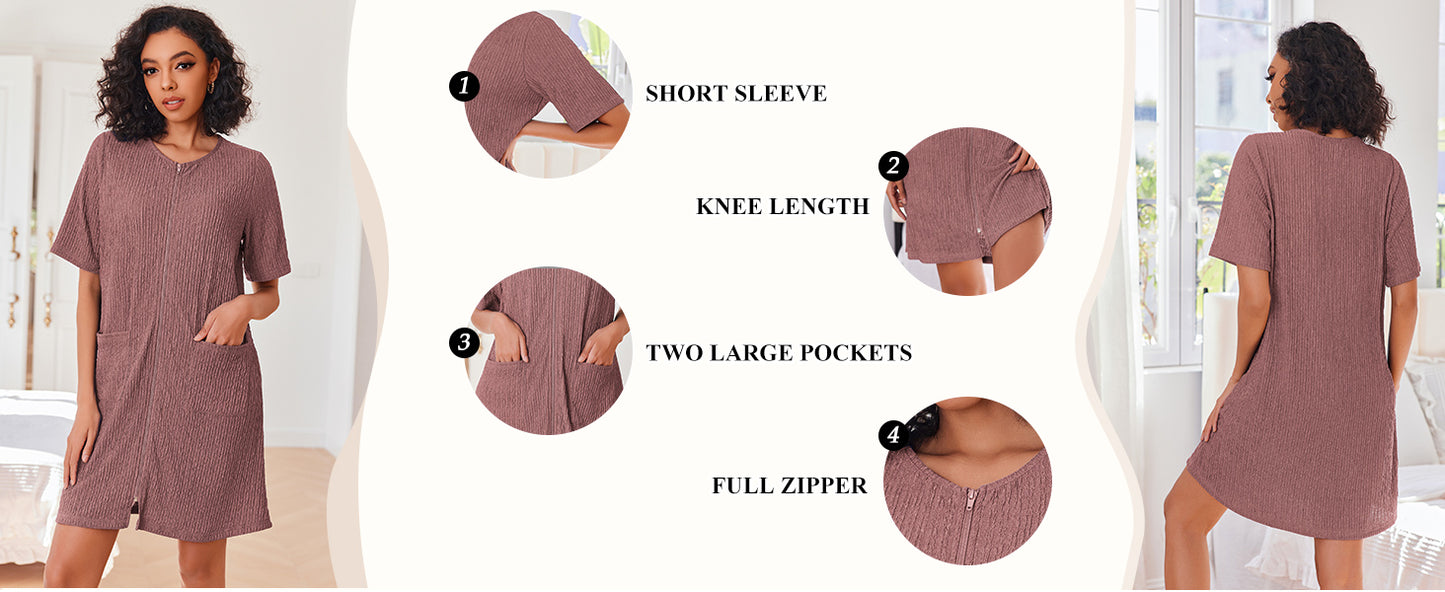 Ekouaer Women Zipper Robes Knit Short Bathrobe Lightweight House Coat with Pockets Soft Nightgown