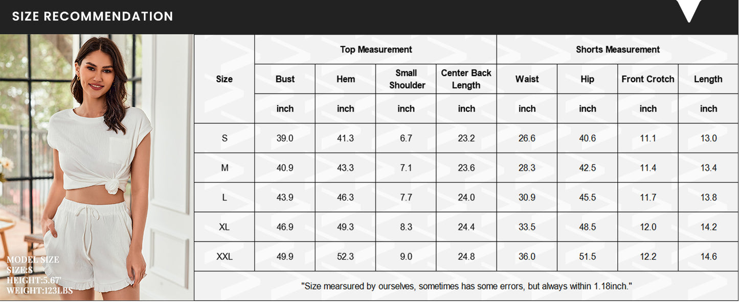 Ekouaer Womens Pajama Set Cap Sleeve Tops and Ruffle Shorts Lounge Set 2 Piece Pj Sets Casual Sleepwear with Pockets