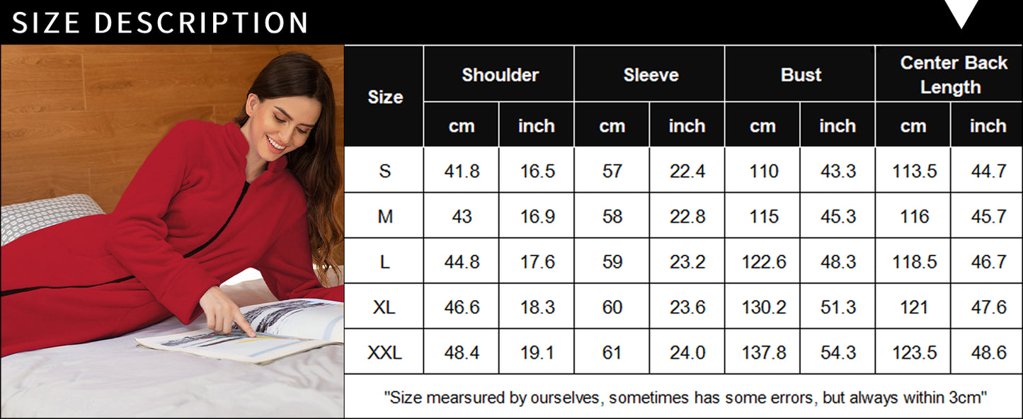 Ekouaer Women's Zip Up Robe Fleece Bathrobe Long Zipper Lounger Warm Housecoat Long Sleeve Nightgown with Pockets
