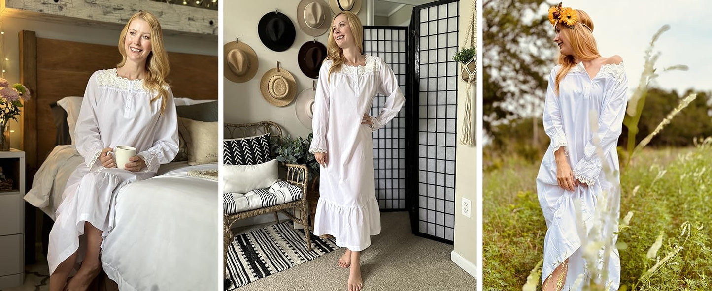 Ekouaer Victorian Nightgown 100% Cotton Long Sleeve Vintage Old Fashioned Gown for Women