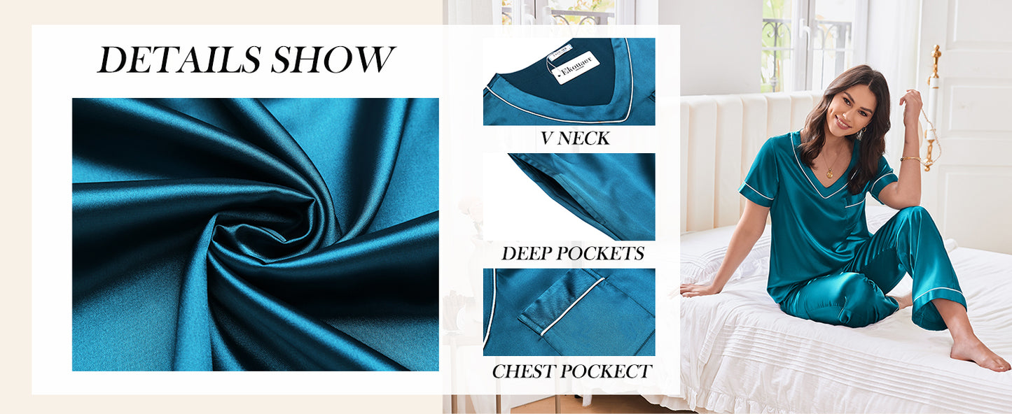 Ekouaer Satin Pajamas for Women Short Sleeve Silk Pajama Sets Soft Sleepwear Top with Causal Long Pj Pant