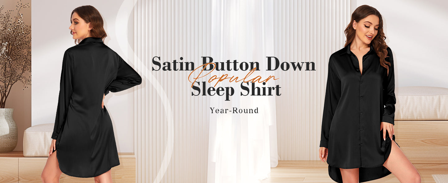 Ekouaer Satin Nightgown for Women Button Down Silk Sleepshirts V Neck Night Gown Long Sleeve Night Shirts