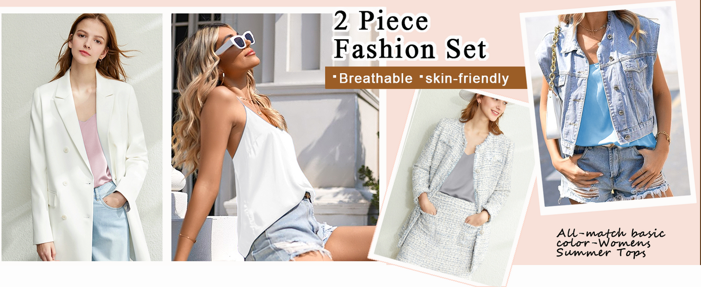Ekouaer Womens Satin Cami Tops 2 Pack V Neck Silk Camisole Tank Top Spaghetti Strap Racerback Camis Blouse Shirt