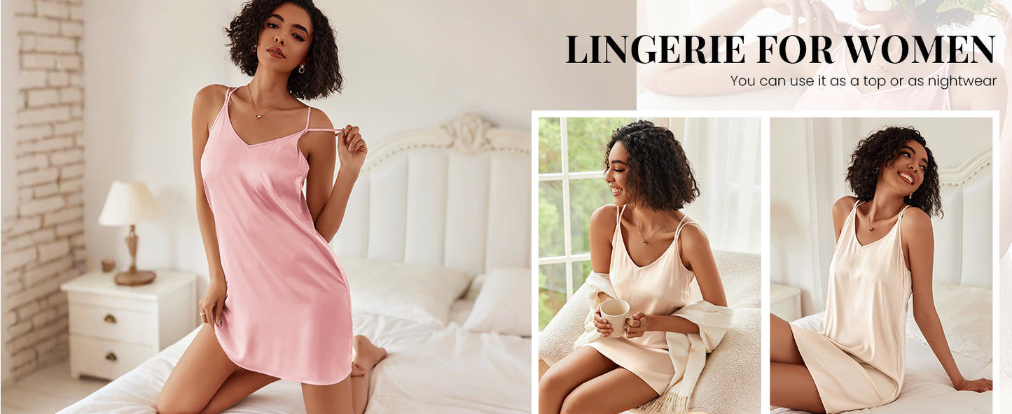 Ekouaer Nightgowns for Women 2 Pack Women's Satin Slip Dress Chemise Nightdress Sleepwear Silk Pajamas