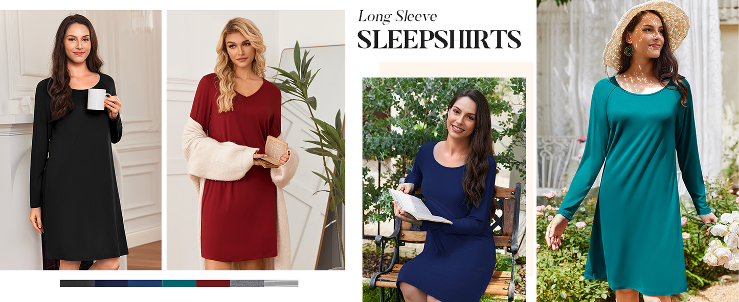 Ekouaer 3 Pack Women's Nightgowns Long Sleeve Sleep Shirts Comfy Soft Nightshirt Women Pajama Sleep Dress Cute Sleepwear