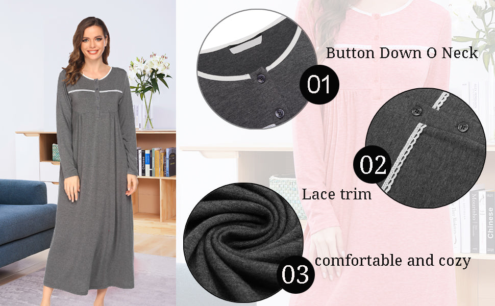 Ekouaer Women Long Sleeve Nightgowns Soft Henley Sleepshirts Full Length Sleep Dress