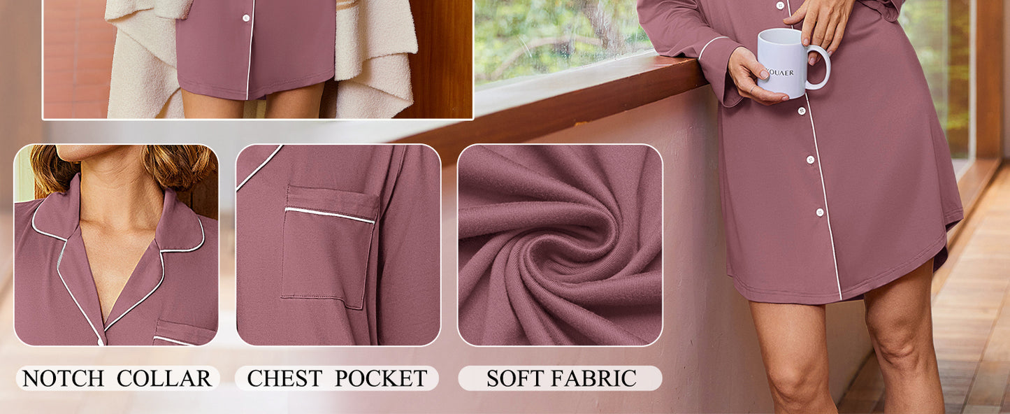 Ekouaer Nightgowns for Women Long Sleeve Nightshirt Button Down Sleepshirt Nightdress Boyfriend Sleepwear