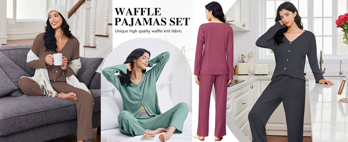 Ekouaer Womens Waffle Knit Pajamas Loungewear Two-piece Sleepwear Button-Down Pj Set with Pockets