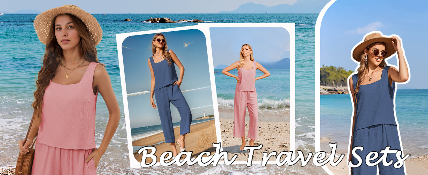 Ekouear Women's 2 Piece Outfits Sleeveless Top Capri Pants Matching Lounge Set Vacation Clothes